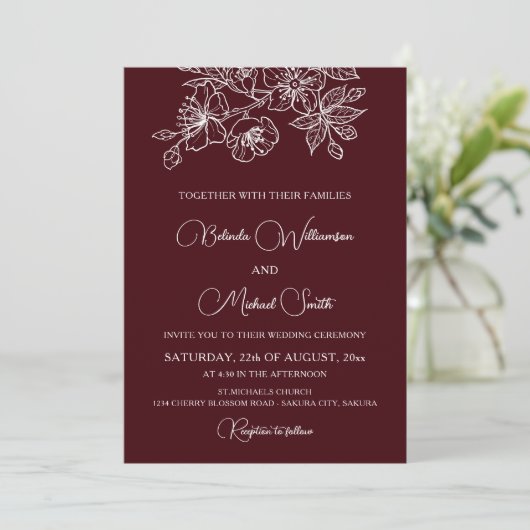 Deep Burgundy White Floral Line Art | Wedding 招待状 (スタンド正面)