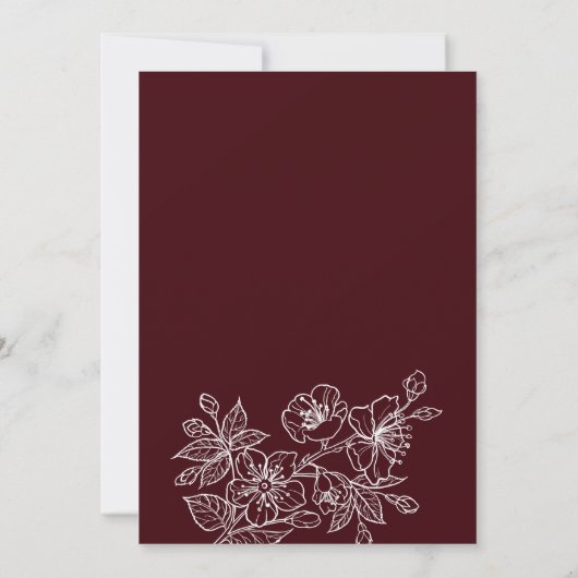 Deep Burgundy White Floral Line Art | Wedding 招待状 (裏面)