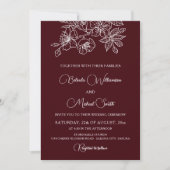 Deep Burgundy White Floral Line Art | Wedding 招待状 (正面)