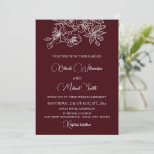 Deep Burgundy White Floral Line Art | Wedding 招待状 (スタンド正面)