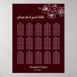 Deep Burgundy White Floral | Wedding Seating Chart ポスター