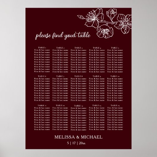 Deep Burgundy White Floral | Wedding Seating Chart ポスター (正面)