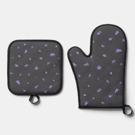 Deep Charcoal Balloon Flower Floral Pattern 鍋つかみ&鍋敷きセット
