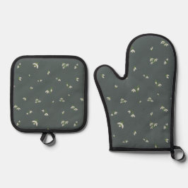 Deep Charcoal Japanese Snowdrop Floral Pattern 鍋つかみ&鍋敷きセット