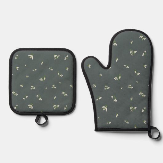Deep Charcoal Japanese Snowdrop Floral Pattern 鍋つかみ&鍋敷きセット (正面)