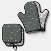 Deep Charcoal Japanese Snowdrop Floral Pattern 鍋つかみ&鍋敷きセット (正面/裏面)