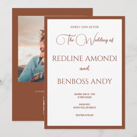 Deep Copper Minimalist Modern Calligraphy Wedding 招待状 (正面/裏面)