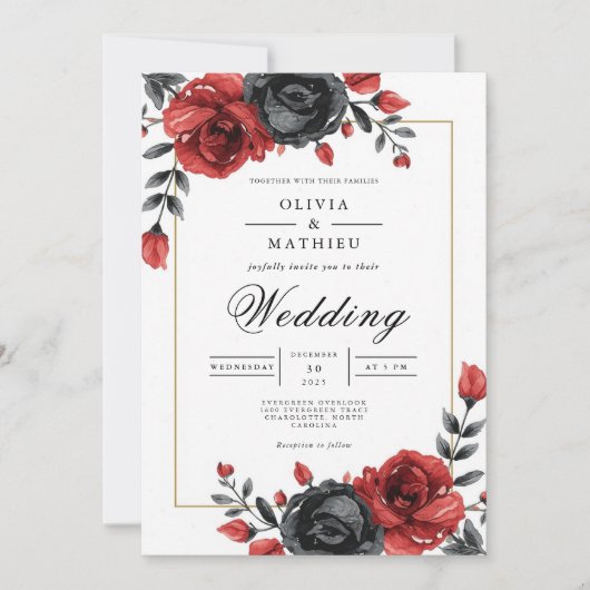 Deep Crimson Rose Botanical Wedding 招待状 (正面)