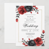Deep Crimson Rose Botanical Wedding 招待状 (正面/裏面)