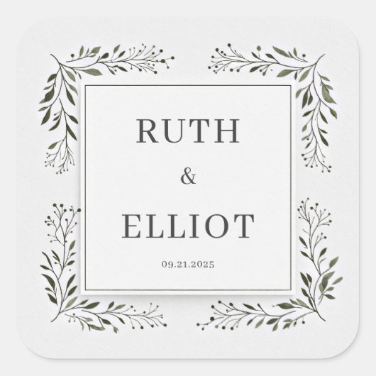 Deep Emerald Foliage Minimalist White Frame スクエアシール (正面)