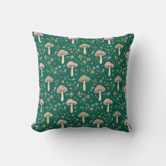 Deep Emerald Fungi Seamless Pattern Jewel Tone クッション (正面)