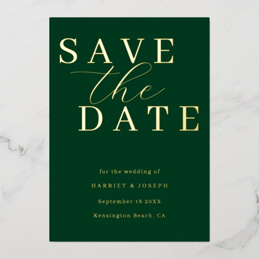 Deep Emerald & Gold Foil Wedding Save The Date 箔招待状 (正面)