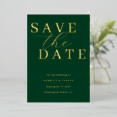 Deep Emerald & Gold Foil Wedding Save The Date 箔招待状 (立ち正面)