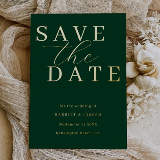 Deep Emerald & Gold Foil Wedding Save The Date 箔招待状