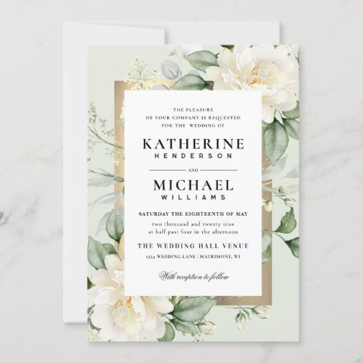 Deep Eucalyptus Rose Ivory&Gold Frame QR Wedding  招待状 (正面)