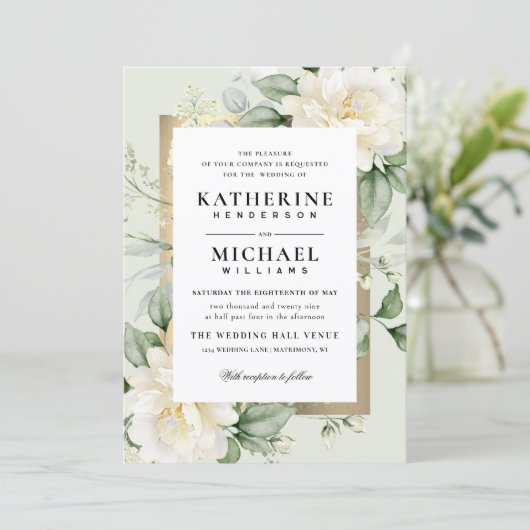 Deep Eucalyptus Rose Ivory&Gold Frame QR Wedding  招待状 (スタンド正面)