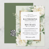 Deep Eucalyptus Rose Ivory&Gold Frame QR Wedding  招待状 (正面/裏面)