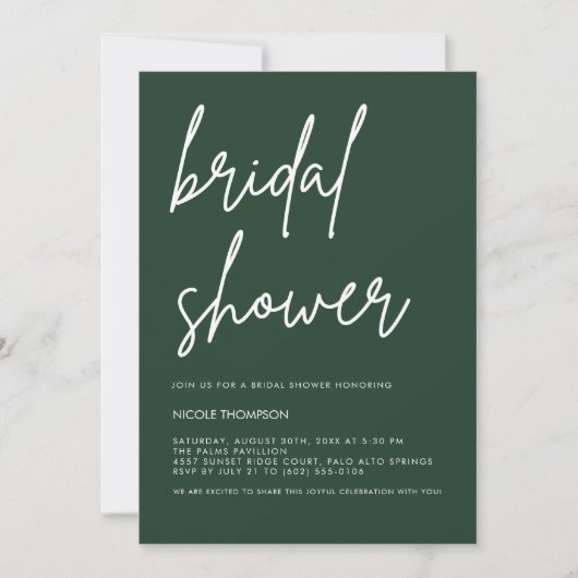 Deep Forest Green Modern Bridal Shower Invitation 招待状 (正面)