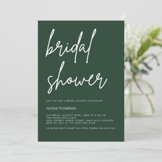 Deep Forest Green Modern Bridal Shower Invitation  招待状 (スタンド正面)