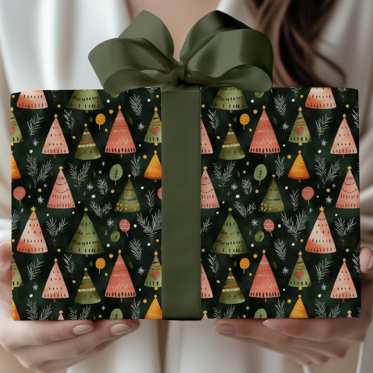 Deep Forest Green Nordic Christmas Tree Pattern ラッピングペーパー