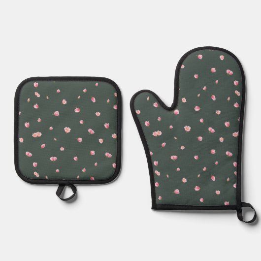 Deep Forest Japanese Pink Tulip Floral Pattern 鍋つかみ&鍋敷きセット (正面)