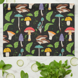 Deep Forest Magic: Colorful Mushrooms on Black キッチンタオル