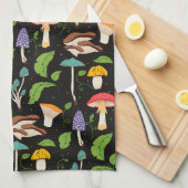 Deep Forest Magic: Colorful Mushrooms on Black キッチンタオル (四つ折り)