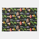 Deep Forest Magic: Colorful Mushrooms on Black キッチンタオル (横)