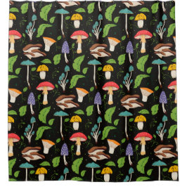 Deep Forest Magic: Colorful Mushrooms on Black シャワーカーテン