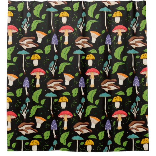 Deep Forest Magic: Colorful Mushrooms on Black シャワーカーテン (正面)