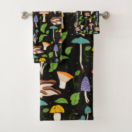 Deep Forest Magic: Colorful Mushrooms on Black バスタオルセット