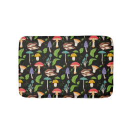 Deep Forest Magic: Colorful Mushrooms on Black バスマット
