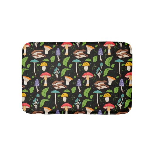 Deep Forest Magic: Colorful Mushrooms on Black バスマット (正面)