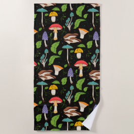 Deep Forest Magic: Colorful Mushrooms on Black ビーチタオル