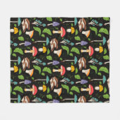 Deep Forest Magic: Colorful Mushrooms on Black フリースブランケット (正面(横))