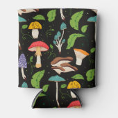 Deep Forest Magic: Colorful Mushrooms on Black 缶クーラー (正面)