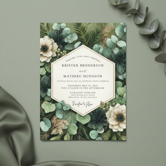 Deep Green Botanical Whimsy Wedding 招待状