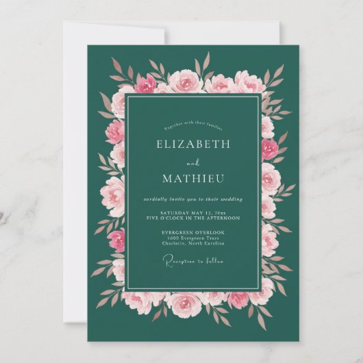 Deep Green Floral Bloom Wedding 招待状 (正面)