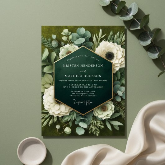 Deep Green Floral Opulence Wedding 招待状