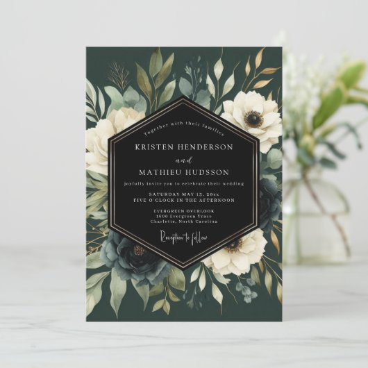 Deep Green Floral Opulent Wedding 招待状 (スタンド正面)