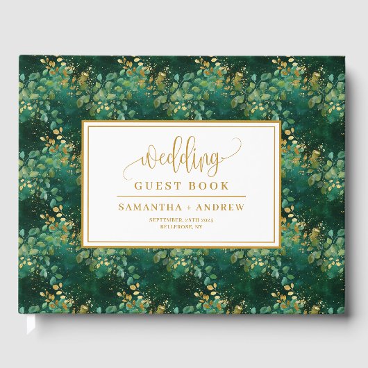 Deep green gold foliage wedding guest book design ゲストブック (正面)