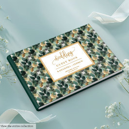 Deep green gold wedding guest book with botanicals ゲストブック