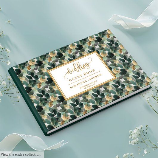 Deep green gold wedding guest book with botanicals ゲストブック