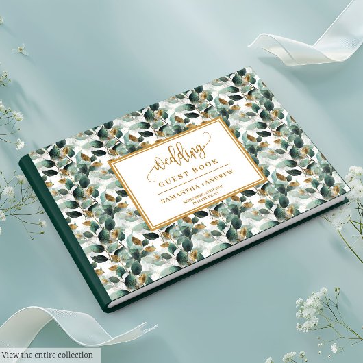 Deep green gold wedding guest book with greenery ゲストブック