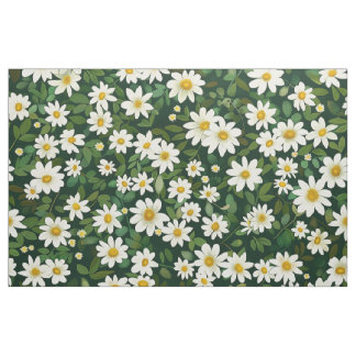 Deep Green Small White Daisies Floral Pattern ファブリック