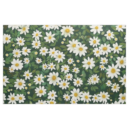Deep Green Small White Daisies Floral Pattern ファブリック (ヤード)