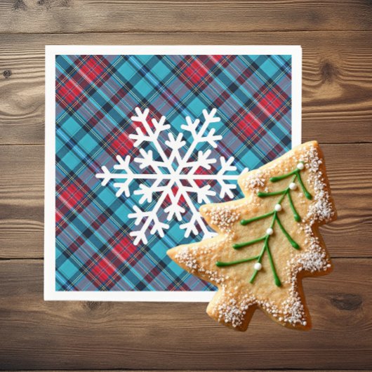 Deep Indigo, Aqua, Red & Shades of Blue Plaid スタンダードカクテルナプキン