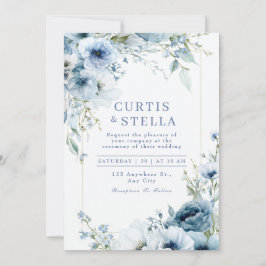 Deep Indigo Watercolor Blue Rose Border Wedding 招待状