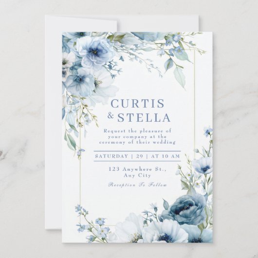 Deep Indigo Watercolor Blue Rose Border Wedding 招待状 (正面)