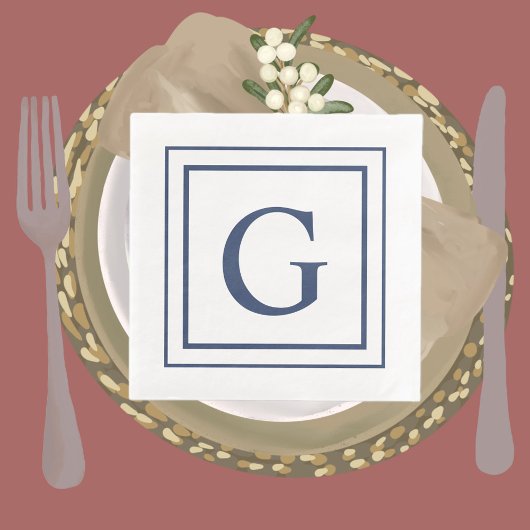 Deep Navy And White Square Border Monogram 